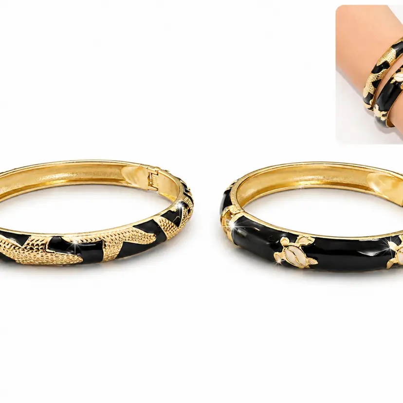Set Of 2 Nordstrom Enamel Gold Plated Clamper Bracelet Black Starfish Turtle Cute Gift