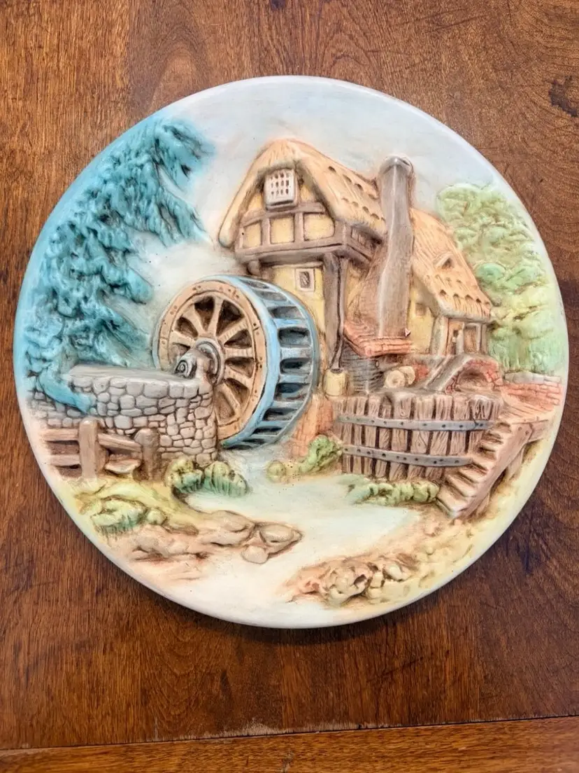 Vintage 1985 Signed 3D Chalkware Wall Plate- English Cottage & Watermill- 11” - Signed