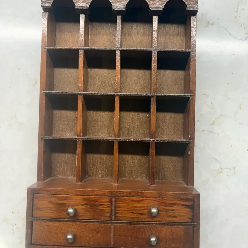 Vintage Wood Thimble Display Shelf 16 Cubby +2 Drawers Miniature Curio Wall 8"