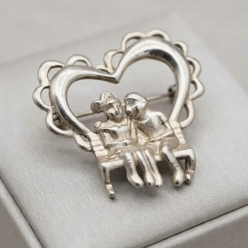 21. Vintage"Sweetheart" Couple on a Bench Open-Work Heart Brooch
