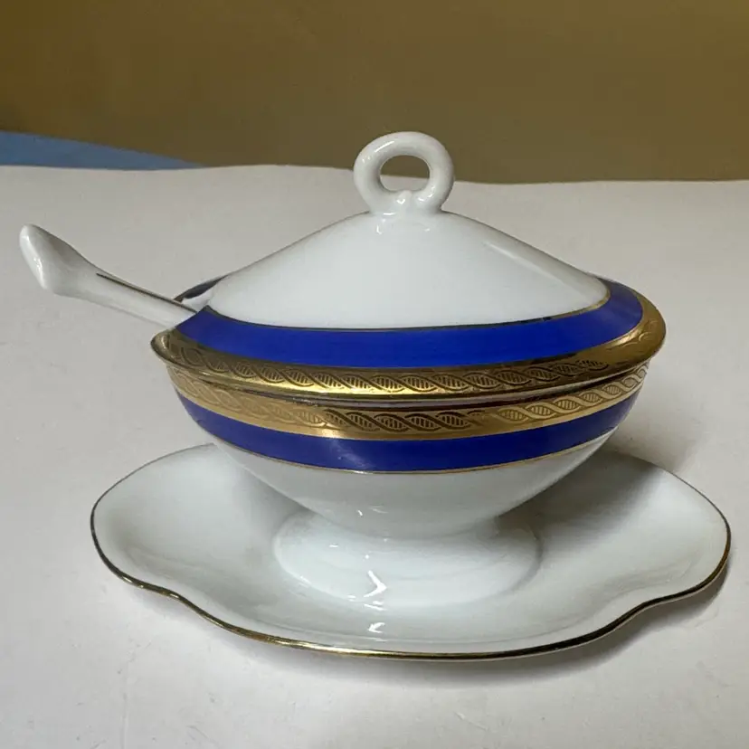Richard Ginori White Porcelain Mustard Palermo Cobalt and Gold Bands wit spoon