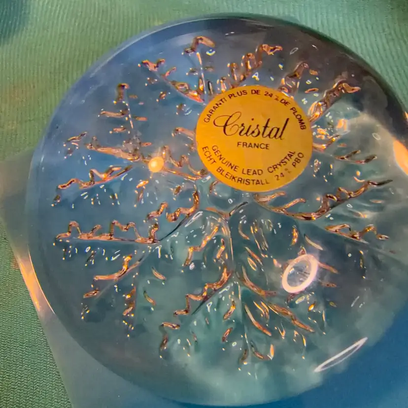 #17….Teal Dome-Shaped Lead Crystal Paperweight with Snowflake Design, France