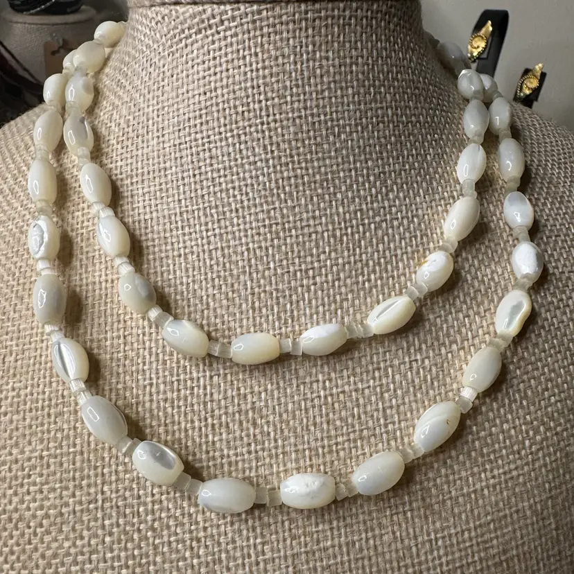 Vintage Art, Deco Mother Of Pearl Shell Bead Strand Necklace With Brass Clasp