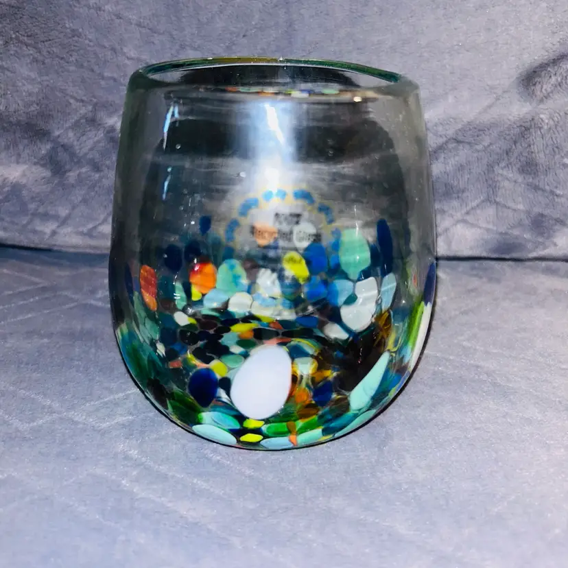 Artisan Handblown Recycled  Glass Stemless Multicolor Wine Glass Made In Mexico