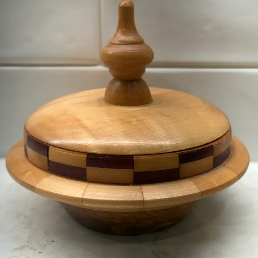 Vtg Hand Turned Segmented Wood Lidded Bowl Trinket Box Lid Checkered Inlay Burl