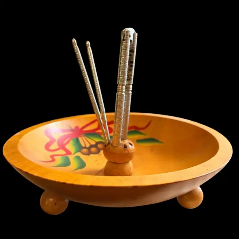 Vintage Wooden Nut Bowl With Holes For Cracker And Picks- Hand Painted- 3 Bun Feet.
