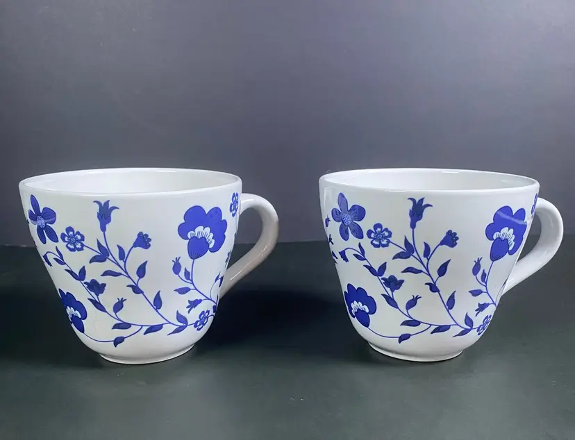 VINTAGE Set of 2 IKEA 'Torg' 21533 Blue Floral Coffee Mugs 18 oz.