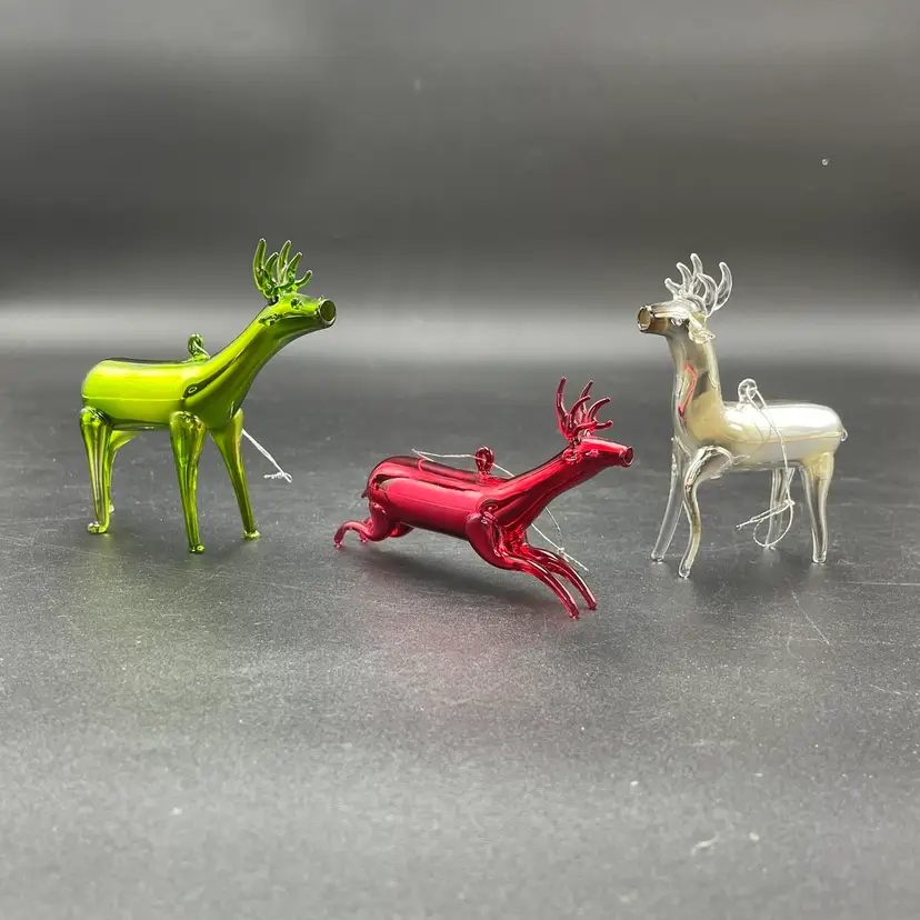 Blown Glass Reindeer Deer Stag Christmas Ornaments Set of 3 Red Green Silver