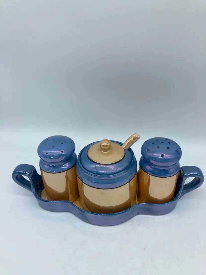 Vintage Meiko Japanese Lusterware Condiment Set - Salt, Pepper & Mustard