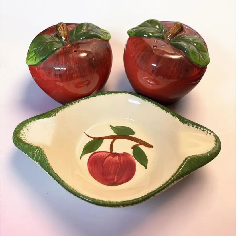 Vintage Hand Painted Blue Ridge "Quaker Apple" Dish 6.25”x 4” & Salt and Pepper Shakers Set 2.5”T x 3.25”W x 1.75” Foot - Lot Of 3