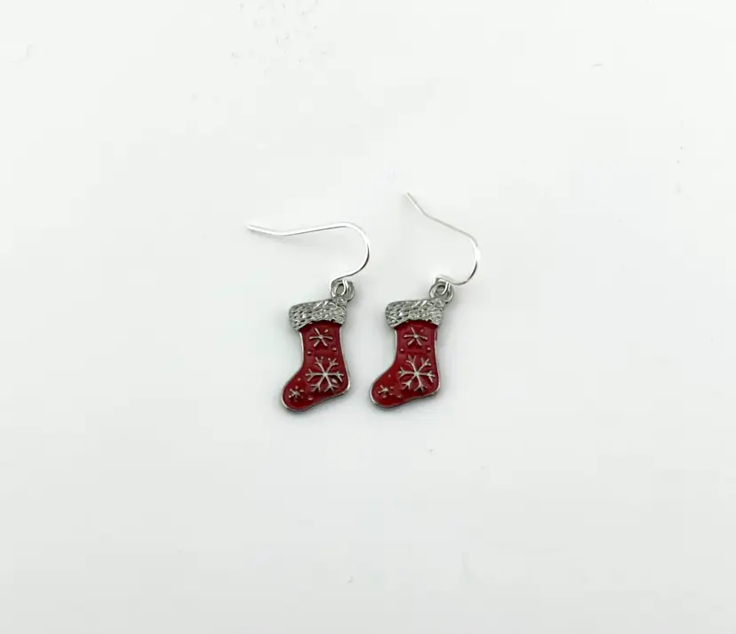 Silver Tone and Red Enamel Christmas Stocking Pierced Earrings 1.25”
