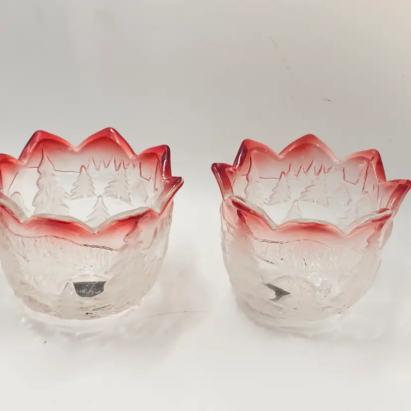 Mikasa glass candle Votive Holder vintage frosted Christmas Tree design set 2