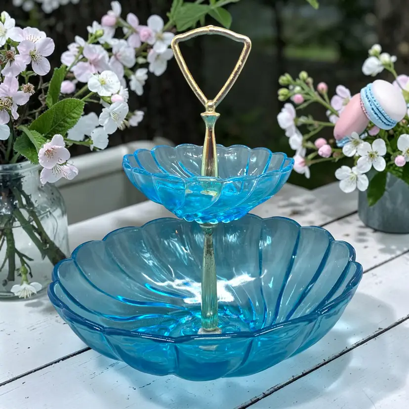 Hazel Atlas Capri 2 Tier Tidbit Tray Azure Blue Seashell Swirl Glass