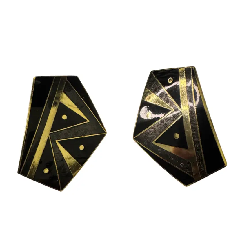 Vintage 1980s Mona So Signed Art Deco Revival Geometric Shield Earrings, Black Enamel & Gold Tone Post Studs