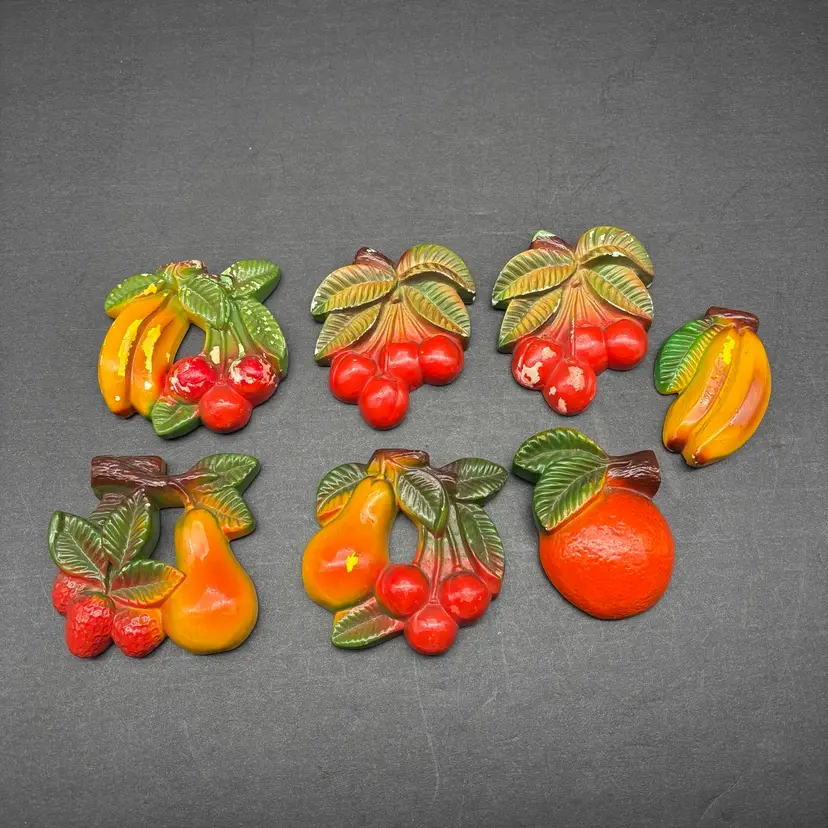 Hand-Painted Chalkware Fruit Wall Art | Set of 7 Kitsch Kitchen Decor