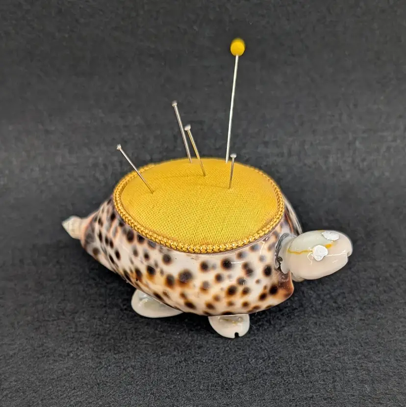 Vintage Turtle Tortoise Pin Cushion Cowrie Shell Seashells Yellow Fabric