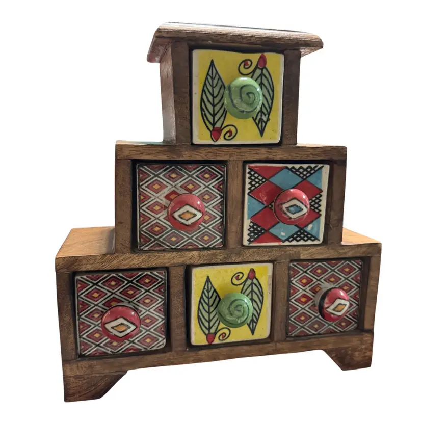 Ceramic Trinket Drawers In A Wooden Case 9” X 9”