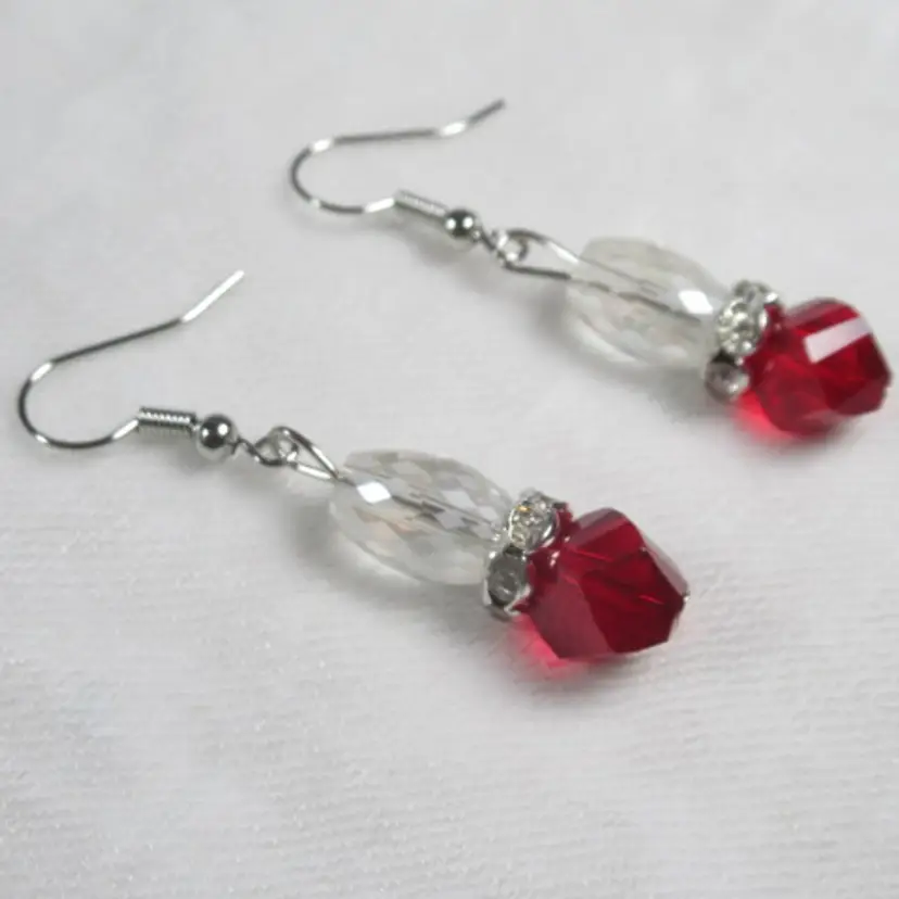 Clear Harlequin glass beads with red glass beads, rhinestone spacers earrings handmade
