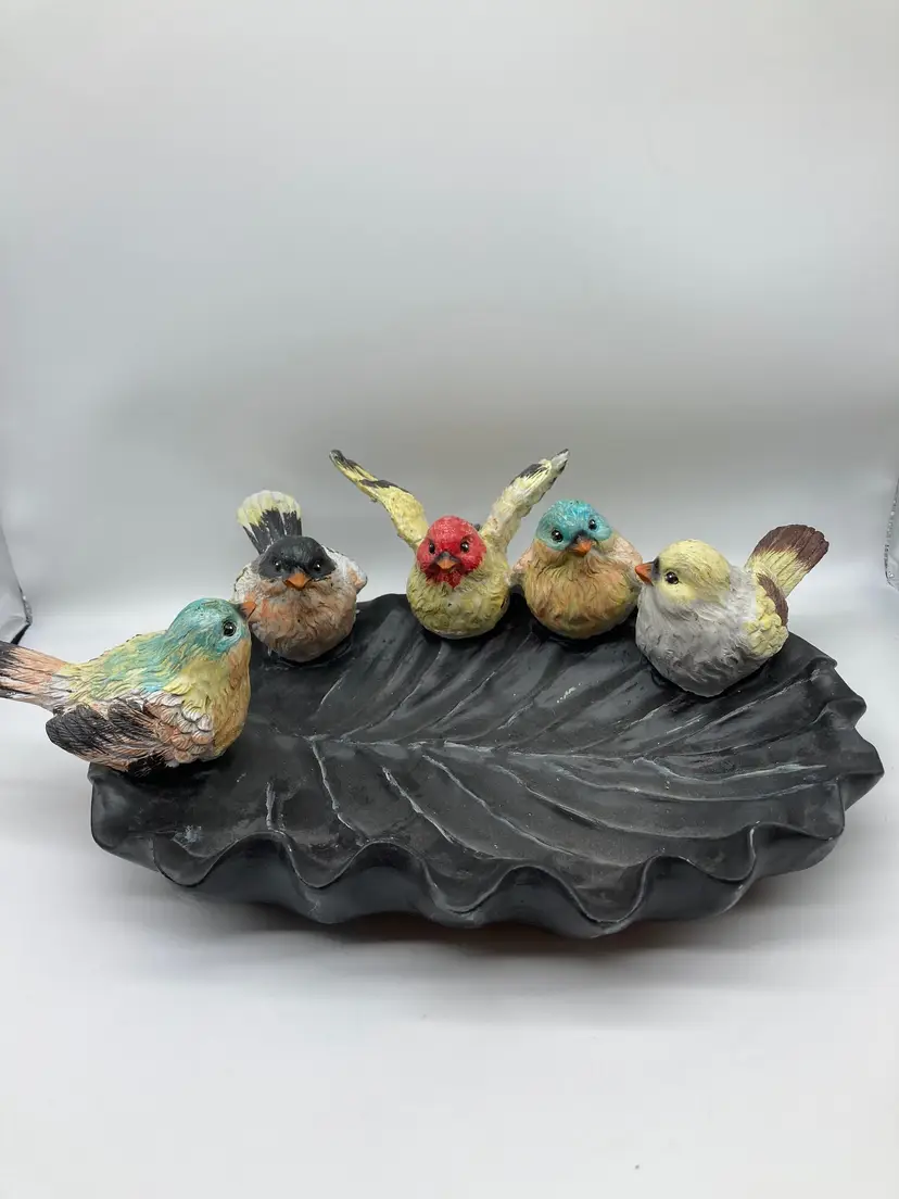 Resin Group of Birds Gathered Around a Leaf Birdbath *