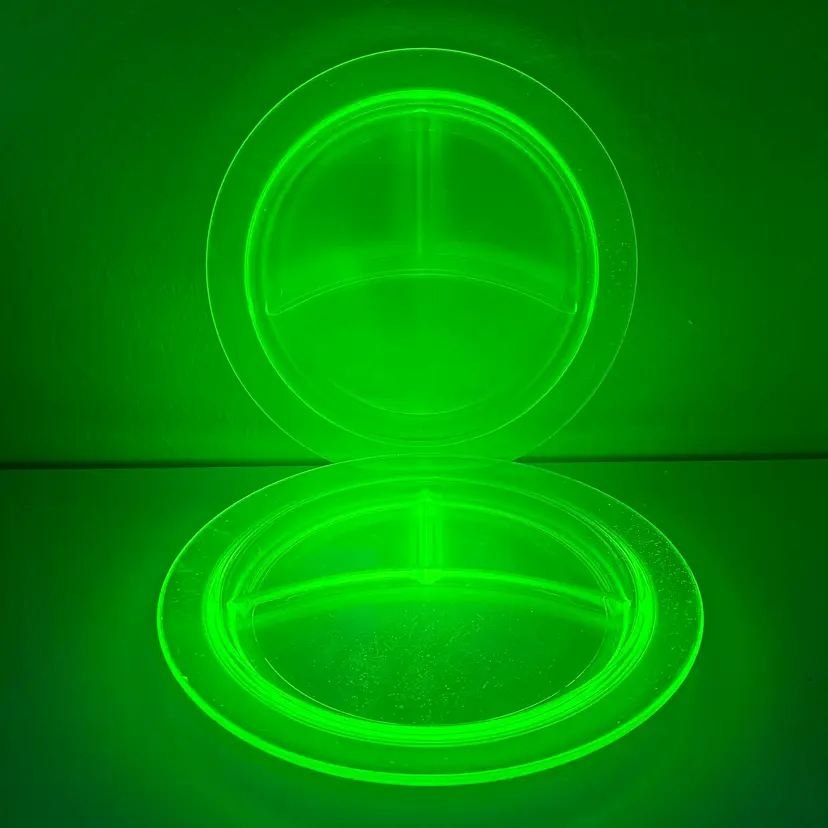 Depression Era Set/2 Uranium Glass Segmented Grill Plates. 1930-40s 10.5”diam