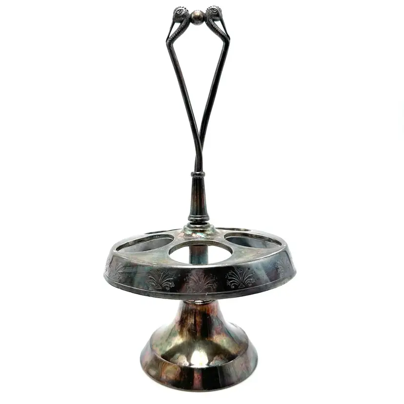 Antique Victorian Castor Cruet Rotating Stand Signed Aurora Silver Plate Manufacturing Co Bird Motif Etched Design 12” H 7” D