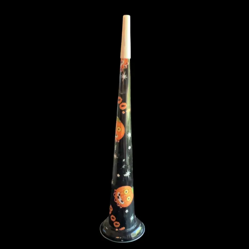 Vintage Halloween Tin Horn  Pumpkins Boo Stars Black Background 14.5” READ