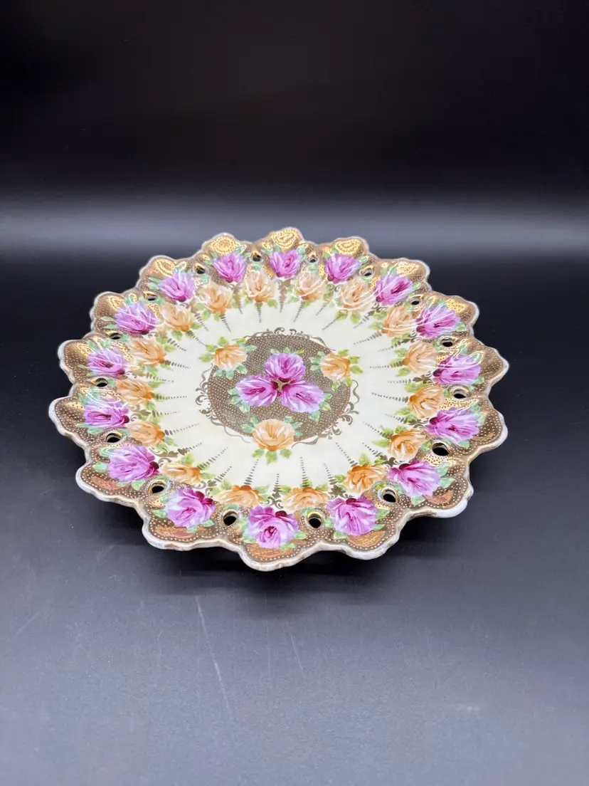 Vtg Reticulated Ceramic 11" Plate Cabbage Rose Moriage Indented Scalloped Gold Trim Wall Decor
