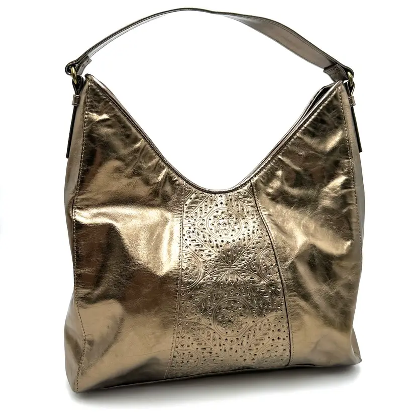 Rolf’s Metallic Bronze Gold Leather Shoulder Bag Purse Cut Out Detail 13 X 8”