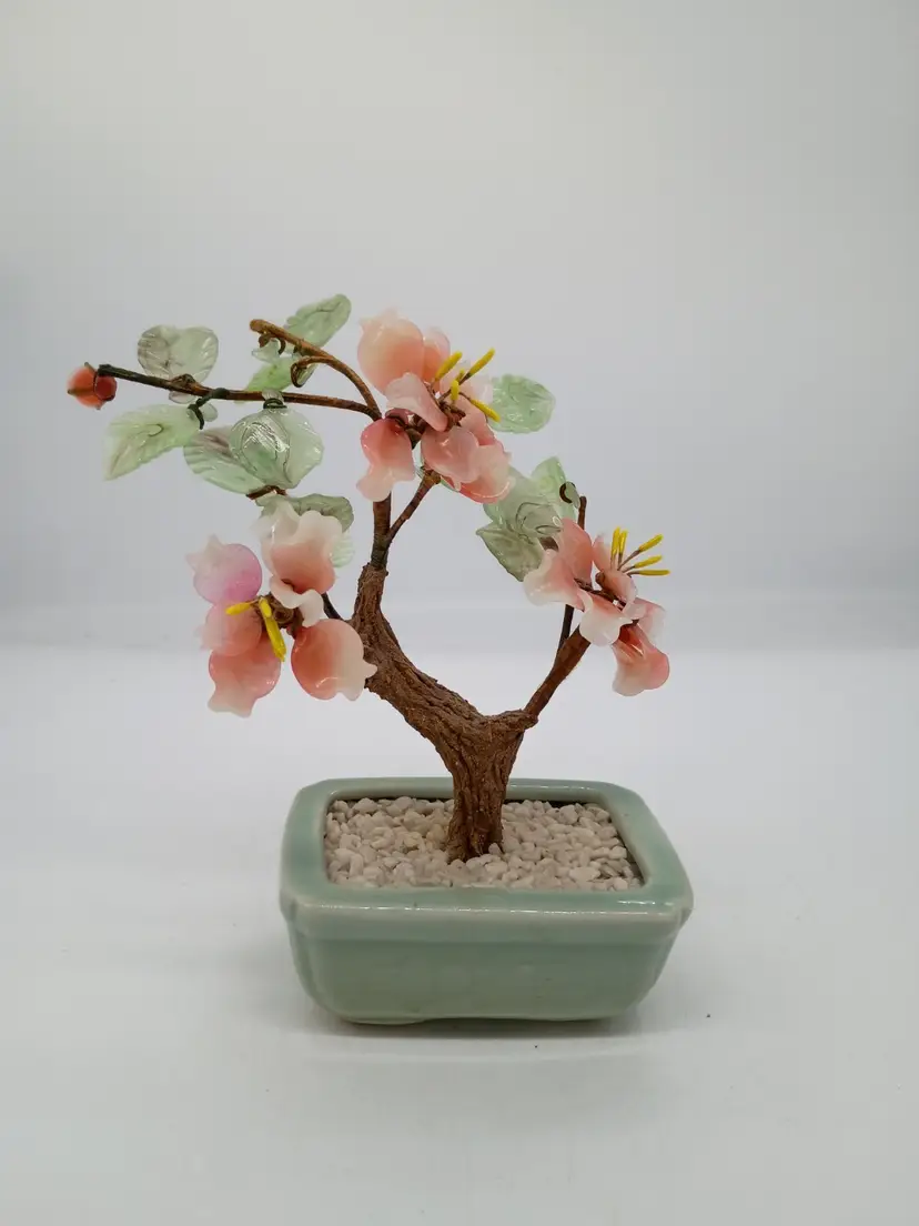 Vintage Chinoiserie Green Jade & Pink Rose Quartz Faux Bonsai Tree in Ceramic Celedon Planter.