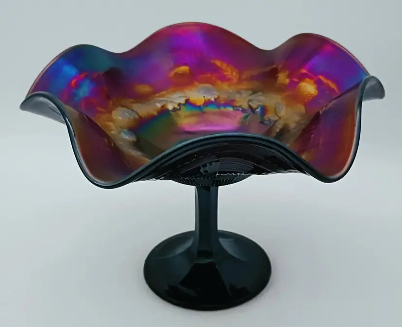 Northwood Carnival Glass Compote ~ Electric Amethyst Basketweave Wild Strawberry