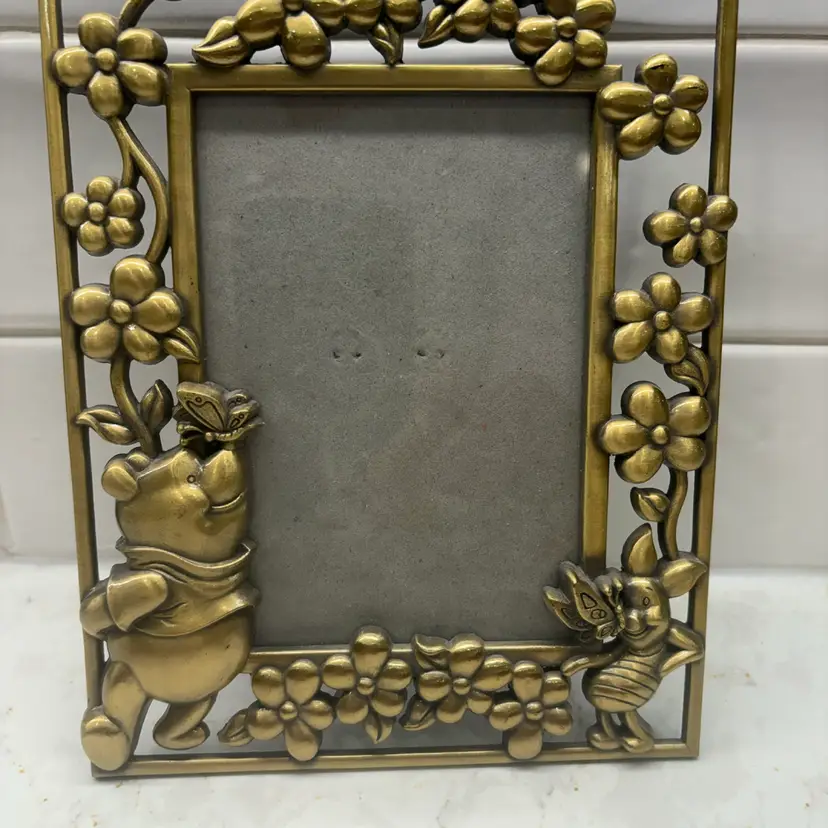 Winnie The Pooh & Piglet Photo Frame  Polished Brass Flowers Disney 3.5"× 5"