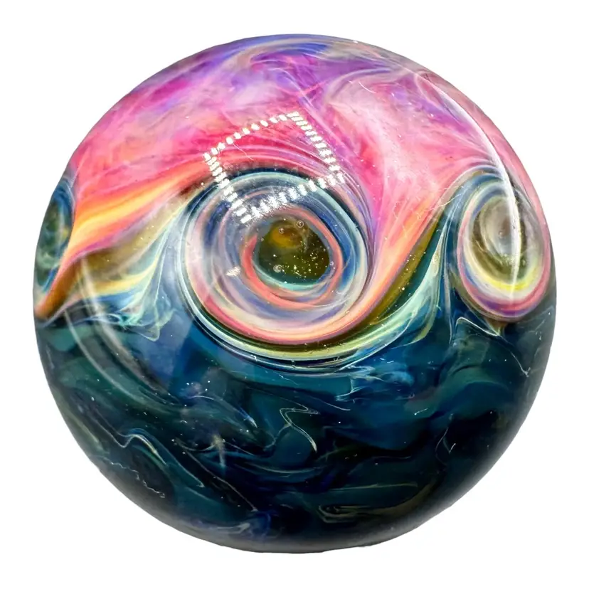 Kristi MacDonald Art Glass Marble Pink Purple Blue Green Swirl Sparkle 1.38”