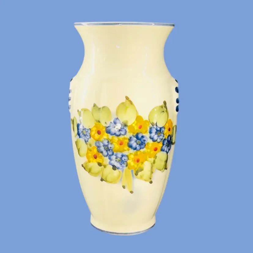#068- 8” Pottery Vase Hand Painted Blue & Yellow Flowers