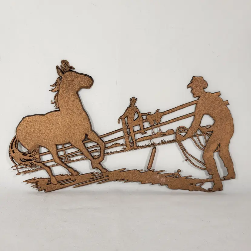 Vintage Gold Cowboy Horse Silhouette Wall Decor Plaque Thin Plastic Retro Western Art 11"