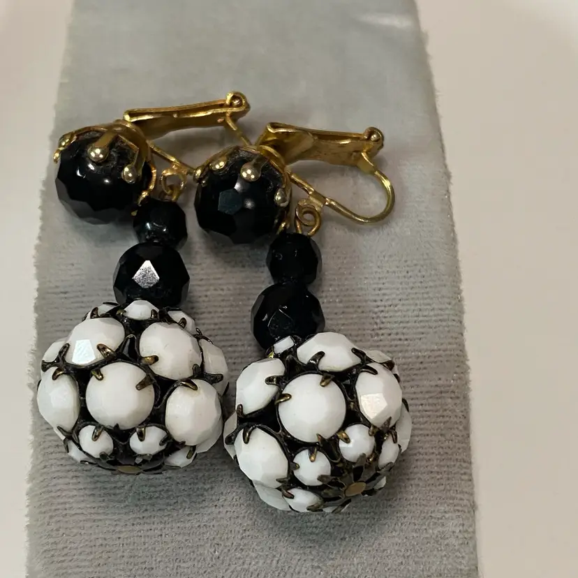 Faceted Glass Bead & Rhinestone Prong Set Clipon Earrings Ball Drop One Cracked Rhinestone 1.75” Long