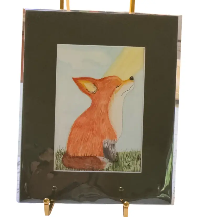Original Watercolor Fox With Face To Sun 5 X 7” In 8 X 10” Miss Green Matte
