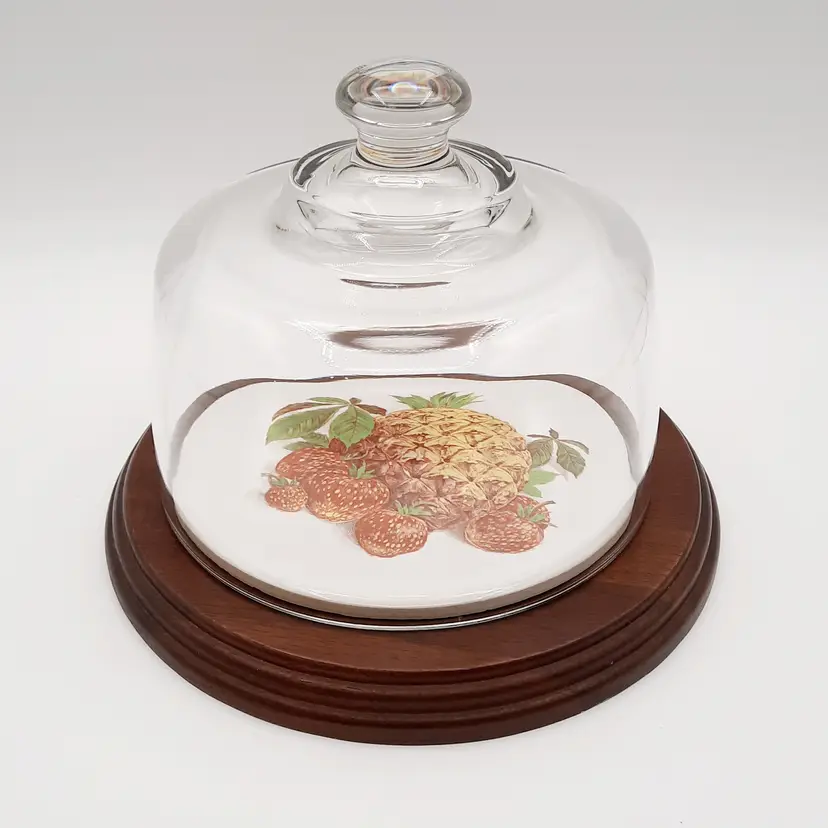 Vintage Ozark Walnut Ceramic Cheese Tray Pineapple Strawberry Glass Dome Cloche