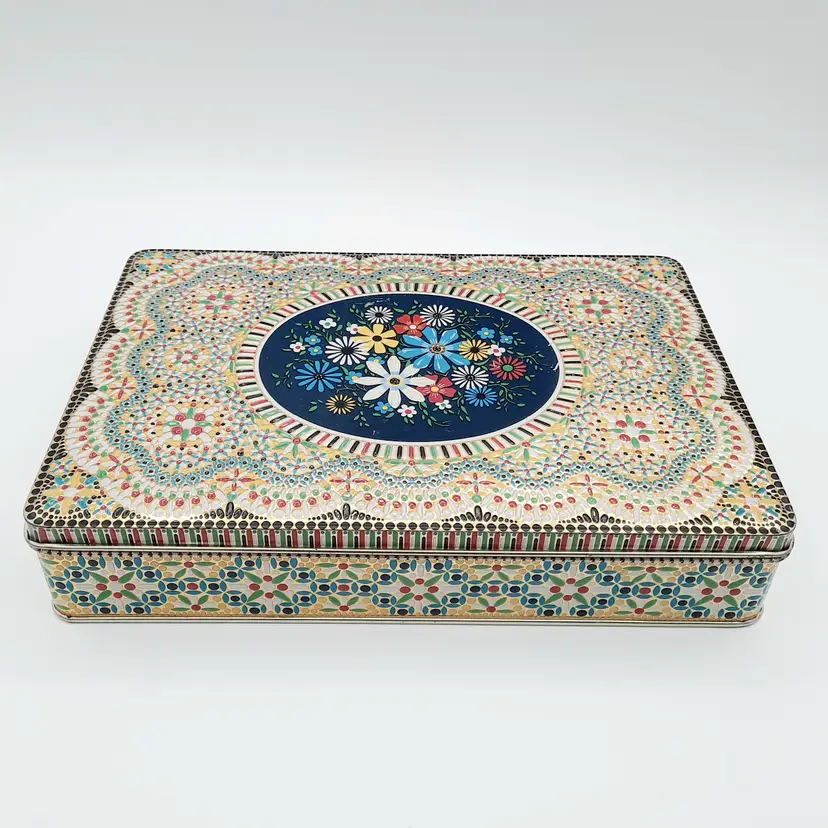 Vintage Embossed Mosaic Multi-Colored Floral Hinged Rectangle Tin Belgium