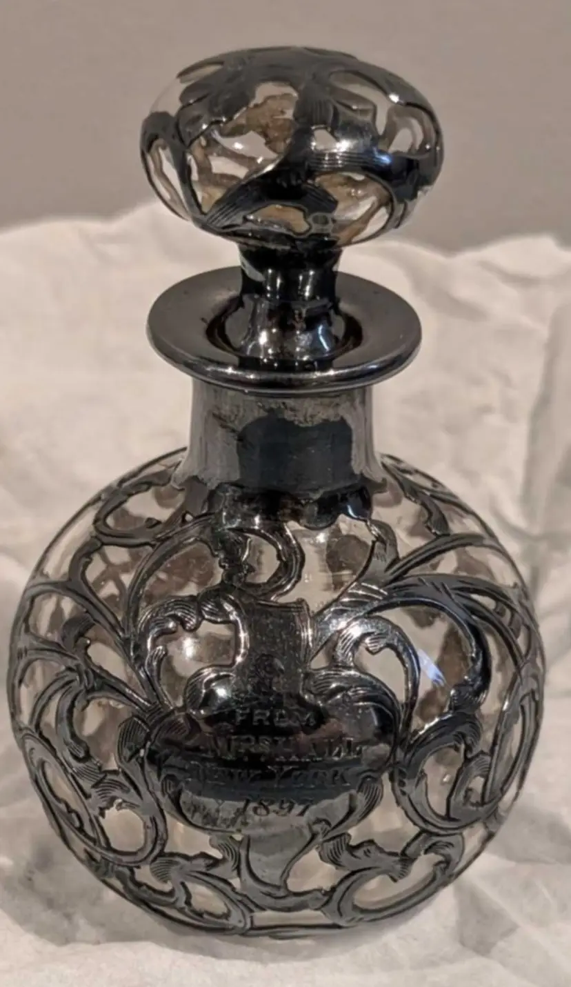 Antique Art Nouveau Glass Perfume Bottle with Silver Overlay