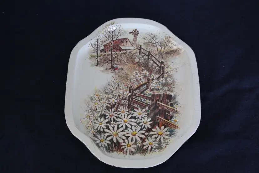 Vintage Small Metal Tray Trinket Dish Vanity Country Scene Fence Daisy 6.5x7.75