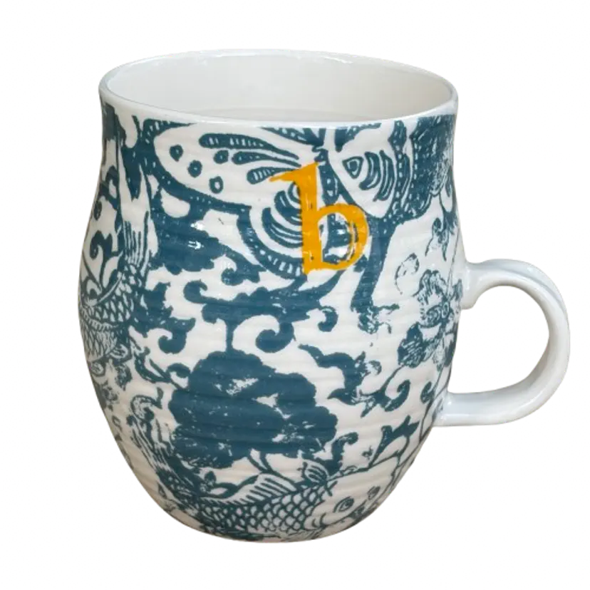Anthropologie Homegrown Letter b Monogram Mug Teal Floral Koi Yellow Initial B