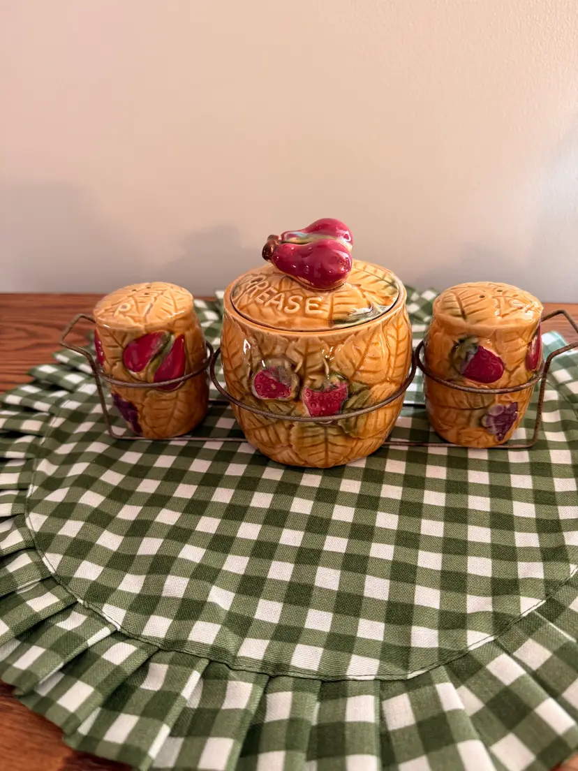 Vintage Tilso Japan Grease Jar Salt Pepper Set 53/630 Fruit Ceramic Wire Caddy Mid Century Kitchen Decor
