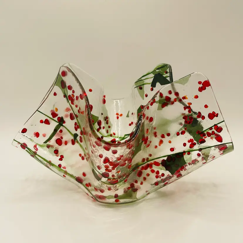 Red And Green Fused Glass Handkerchief Vase