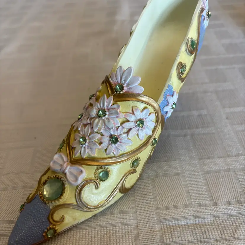 Vtg Decorative High Heel Shoe Figurine 8" Yellow Blue Floral Jeweled Rhinestone