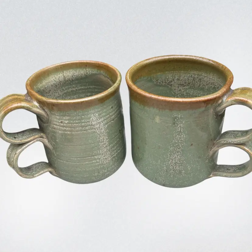 #02 Handmade Studio Art Pottery Mug Set of 2 Celadon Green Stoneware Double Handle 4”