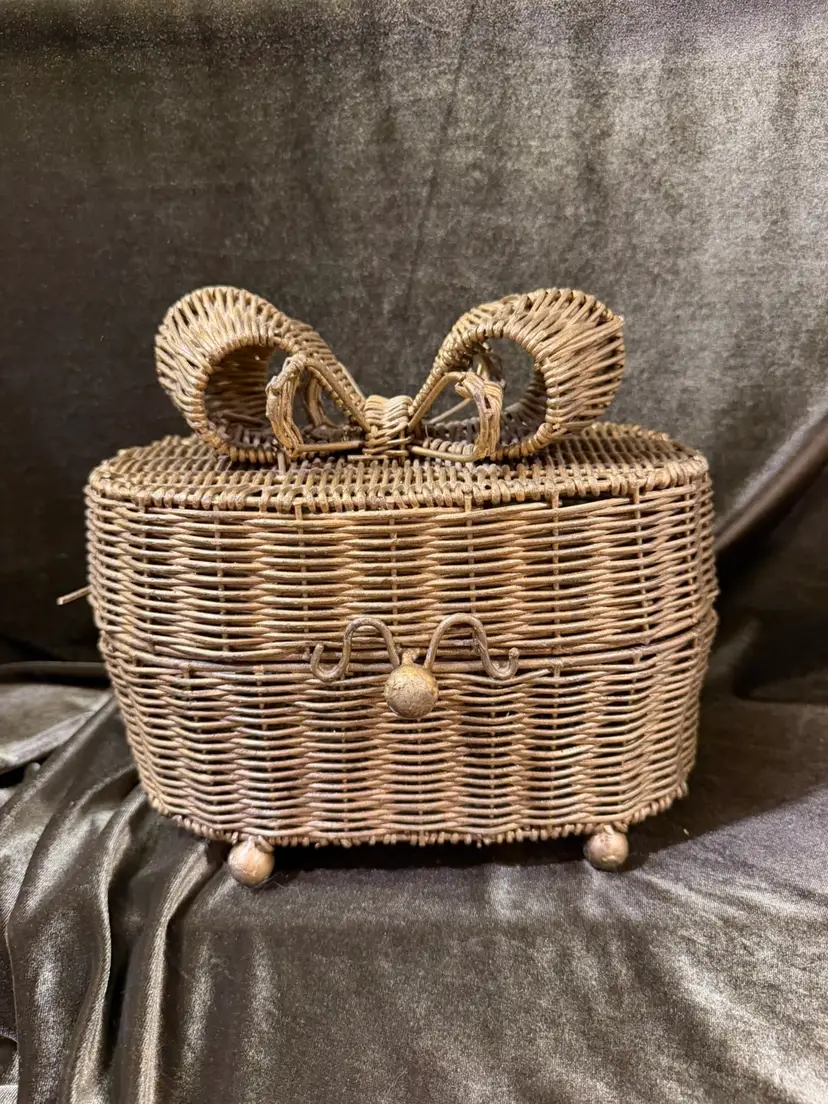 Vintage Gold Wicker Basket Box with Bow Topper - 10" Lidded Trinket Storage Chest