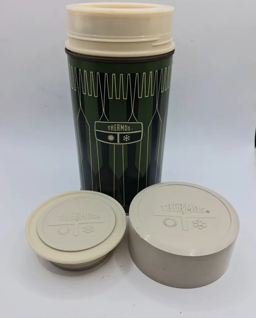 Vintage King-Seeley Thermos Green Geometric Fork & Spoon Pattern
