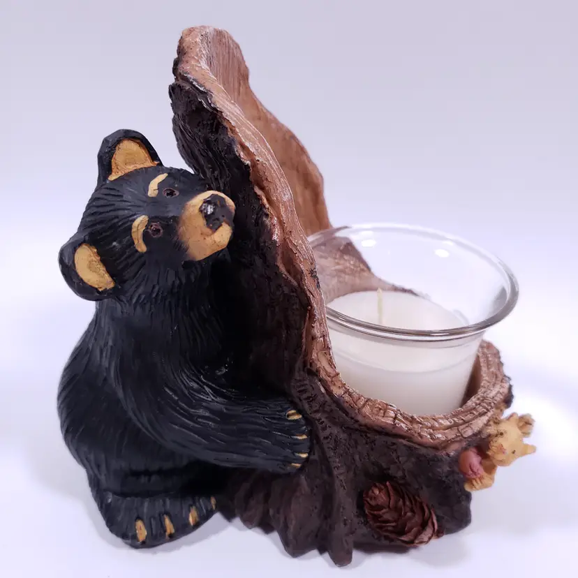 Sculpted BLACK BEAR Tree Trunk Squirrel Resin Figural Candle VOTIVE HOLDER