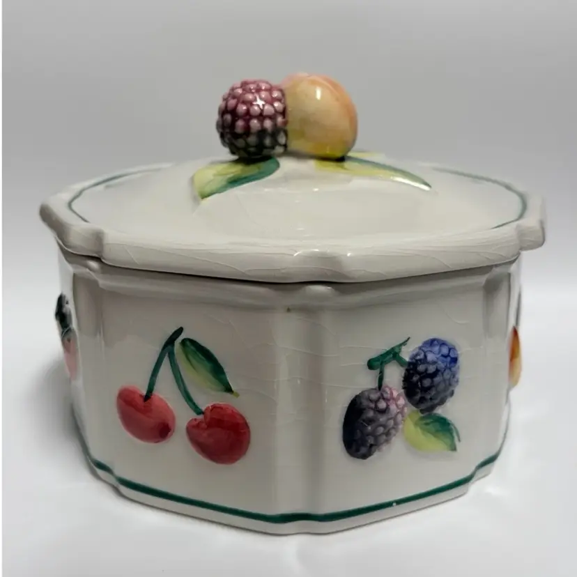 Italy- Lidded Octagonal Canister-  Lidded With Dimensional Fruit- Stamped Made In Italy- 6.75” W, 5.5” H