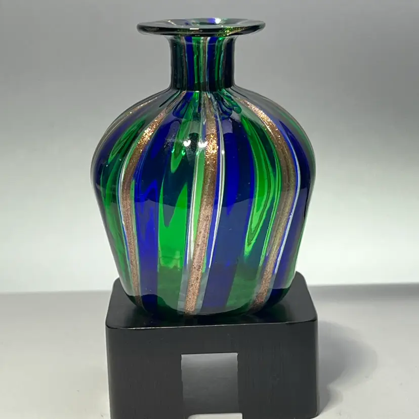 Murano green blue aventurine striped bottle vase